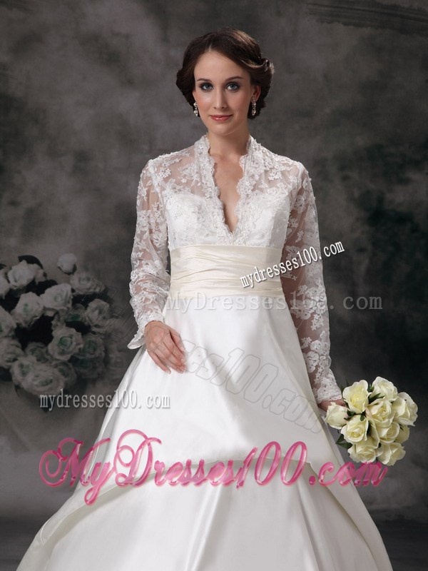 Long Sleeve Plunging V-neck White Wedding Gown with Lace Hem