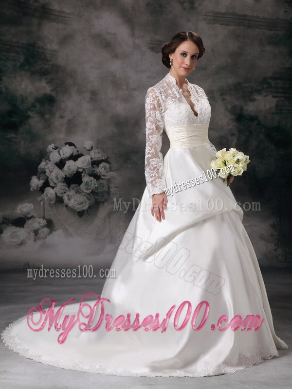 Long Sleeve Plunging V-neck White Wedding Gown with Lace Hem
