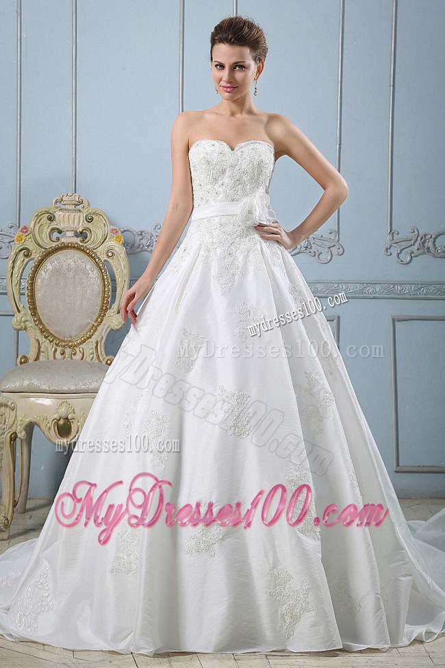 Beading and Appliques Court Train Bridal Dresses with Handle Flowers Ribbon