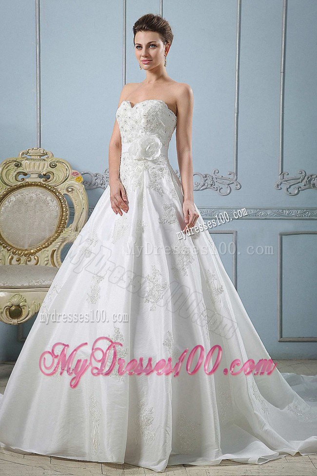 Beading and Appliques Court Train Bridal Dresses with Handle Flowers Ribbon