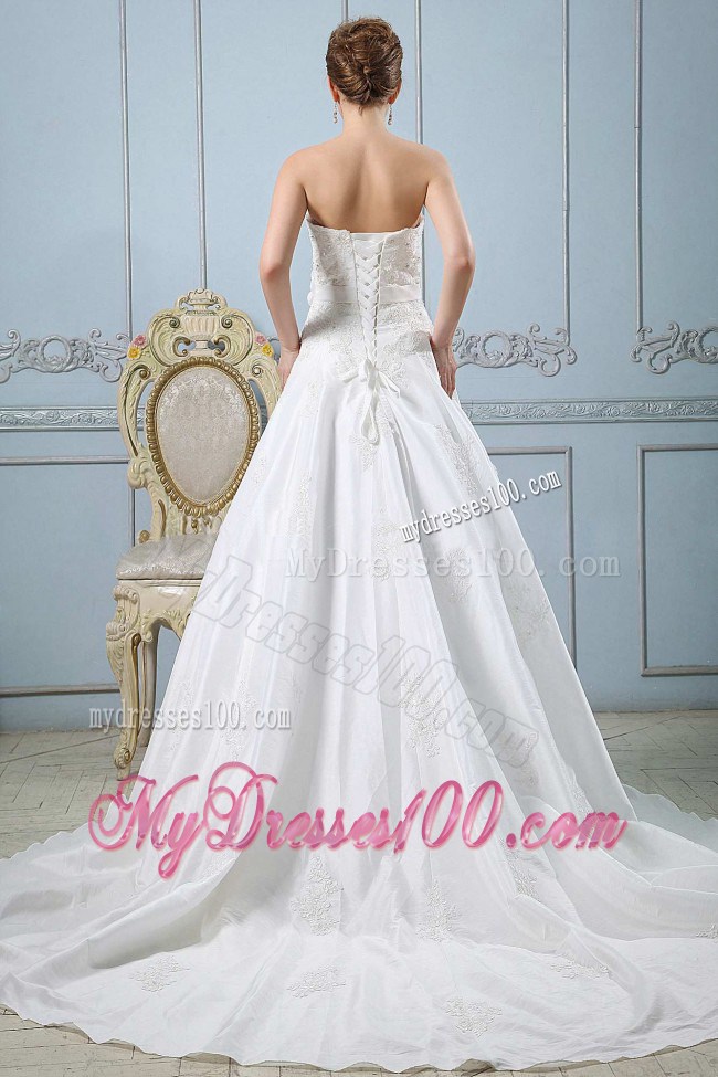Beading and Appliques Court Train Bridal Dresses with Handle Flowers Ribbon