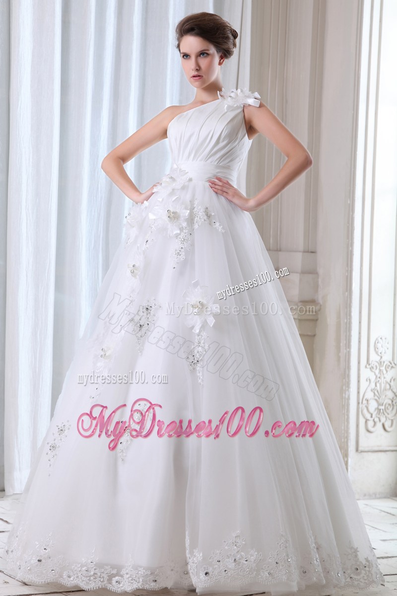 Beaded Hand Made Flowers One Shoulder Wedding Dress with Lace Edge