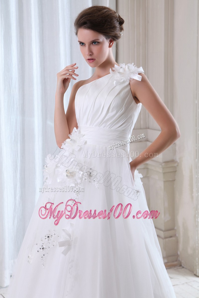 Beaded Hand Made Flowers One Shoulder Wedding Dress with Lace Edge