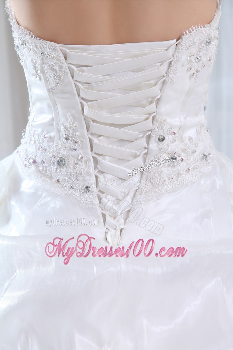 Tiers Pick-ups Jewelry Appliques and Handle Flowers Wedding Gown