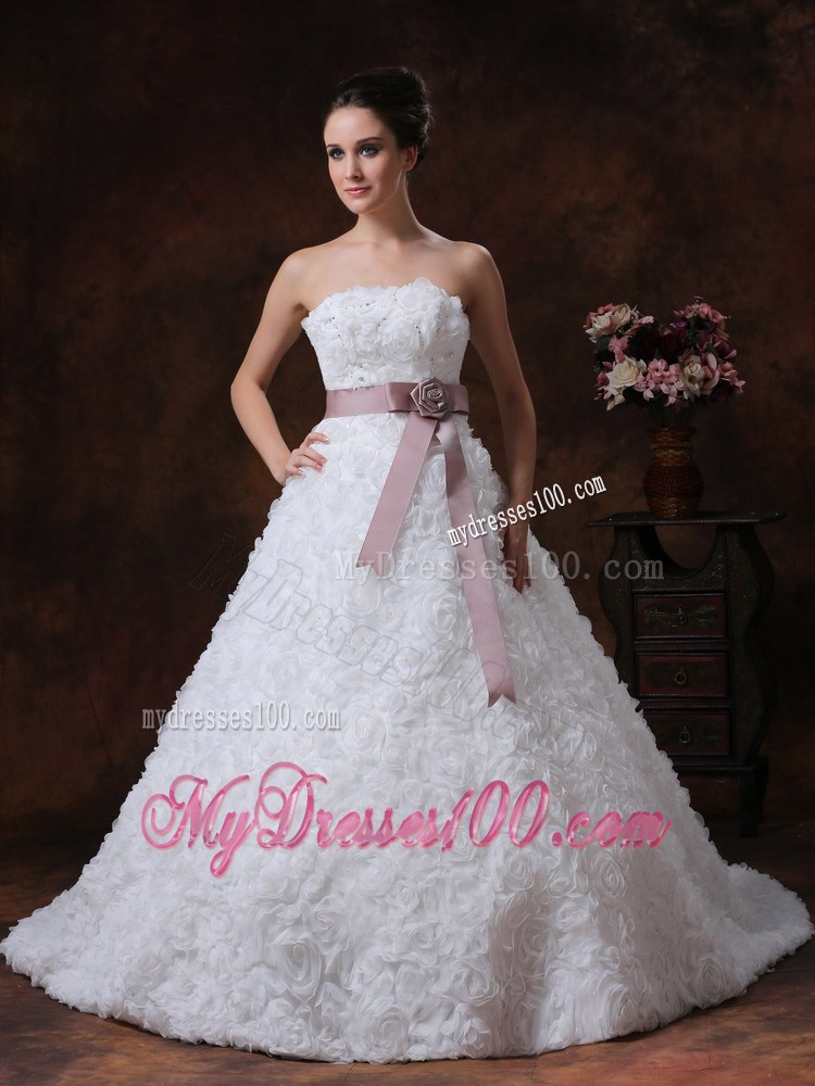Exquisite Rolling Flowers and Sash Court Train Bridal Gown for Destination
