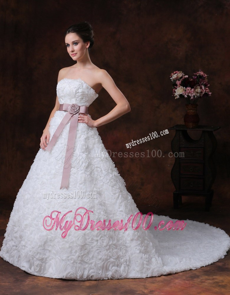 Exquisite Rolling Flowers and Sash Court Train Bridal Gown for Destination