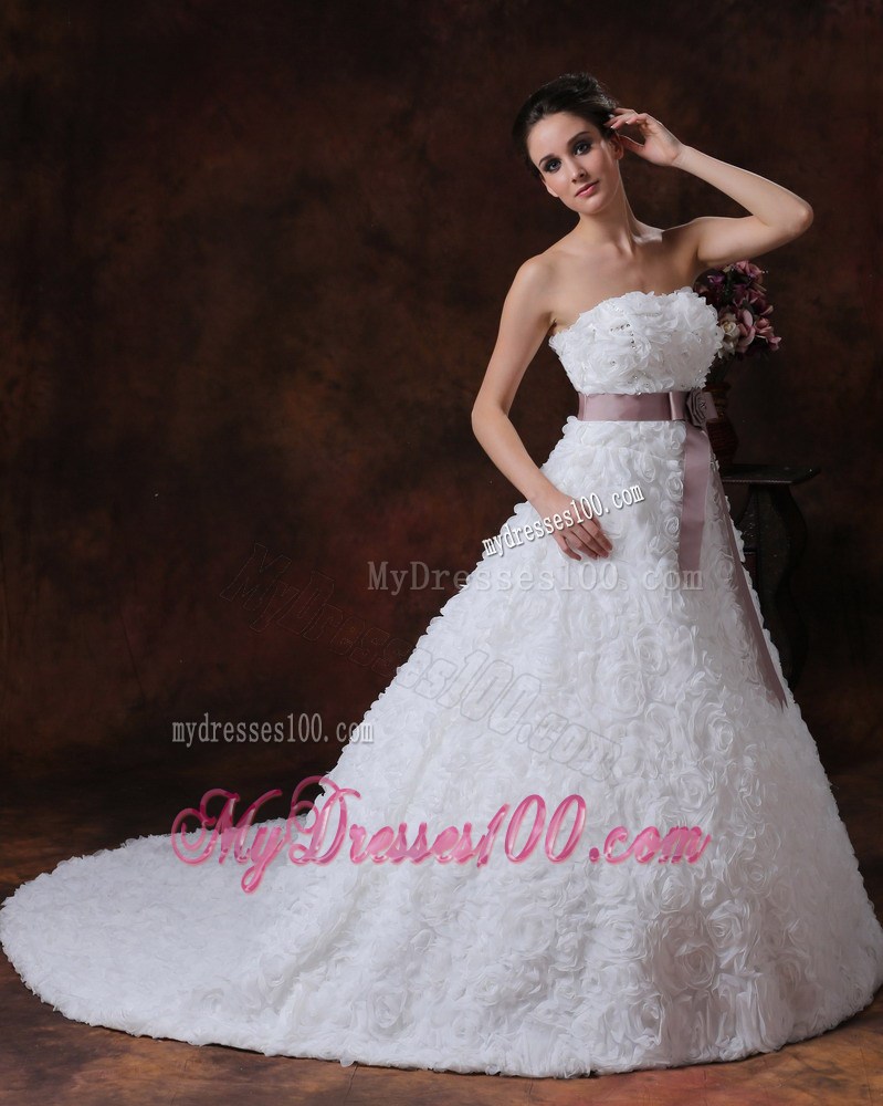 Exquisite Rolling Flowers and Sash Court Train Bridal Gown for Destination