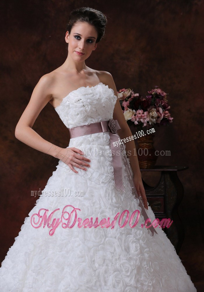 Exquisite Rolling Flowers and Sash Court Train Bridal Gown for Destination
