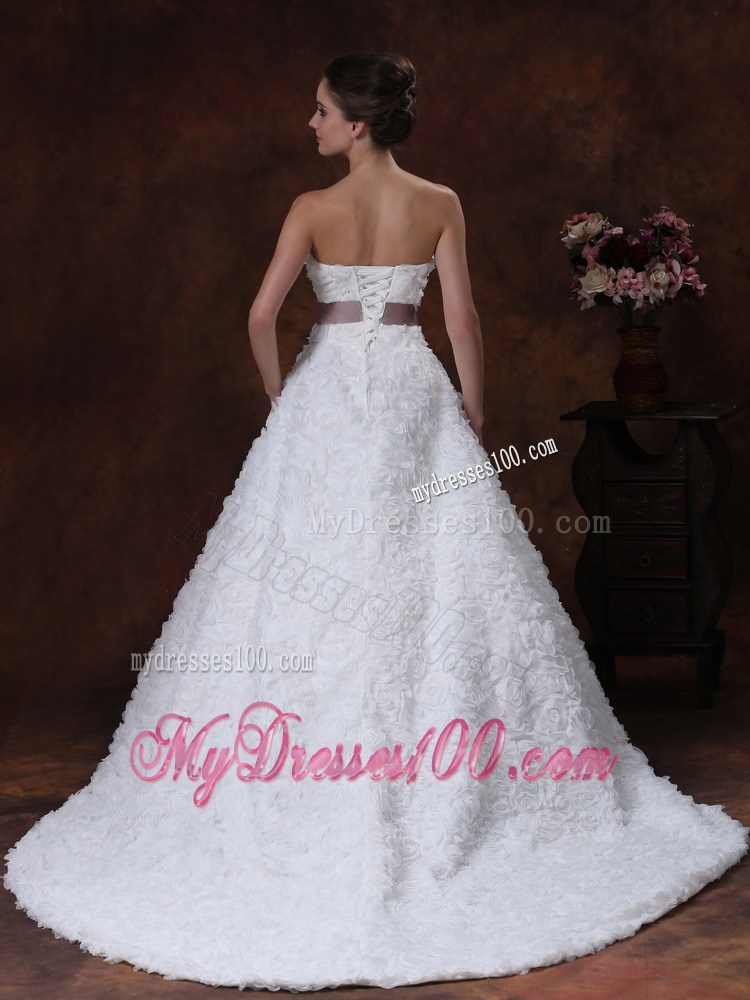 Exquisite Rolling Flowers and Sash Court Train Bridal Gown for Destination