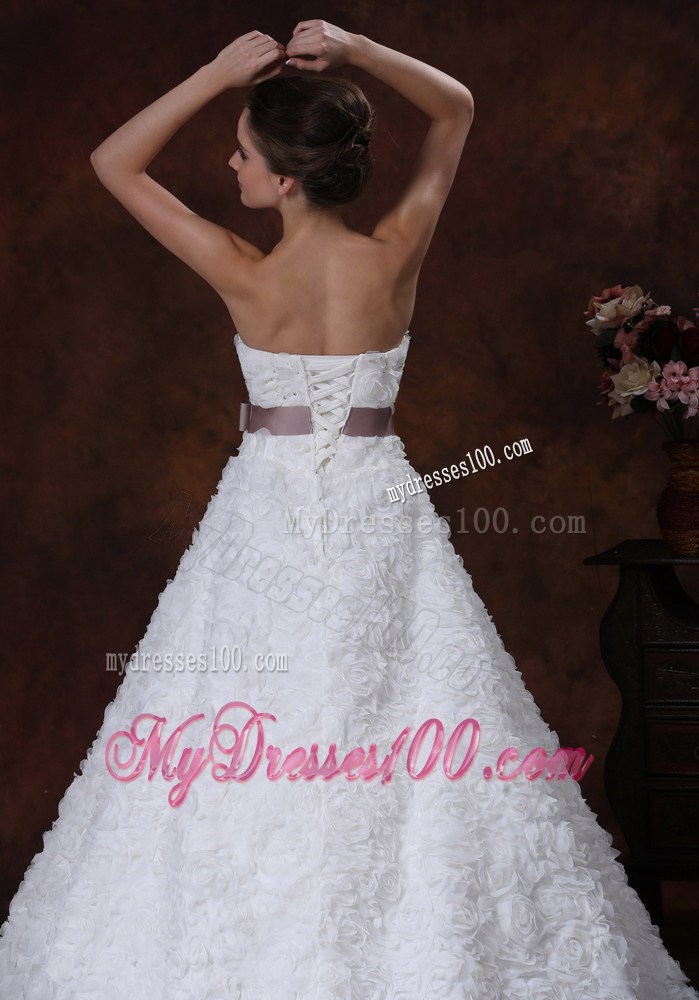 Exquisite Rolling Flowers and Sash Court Train Bridal Gown for Destination
