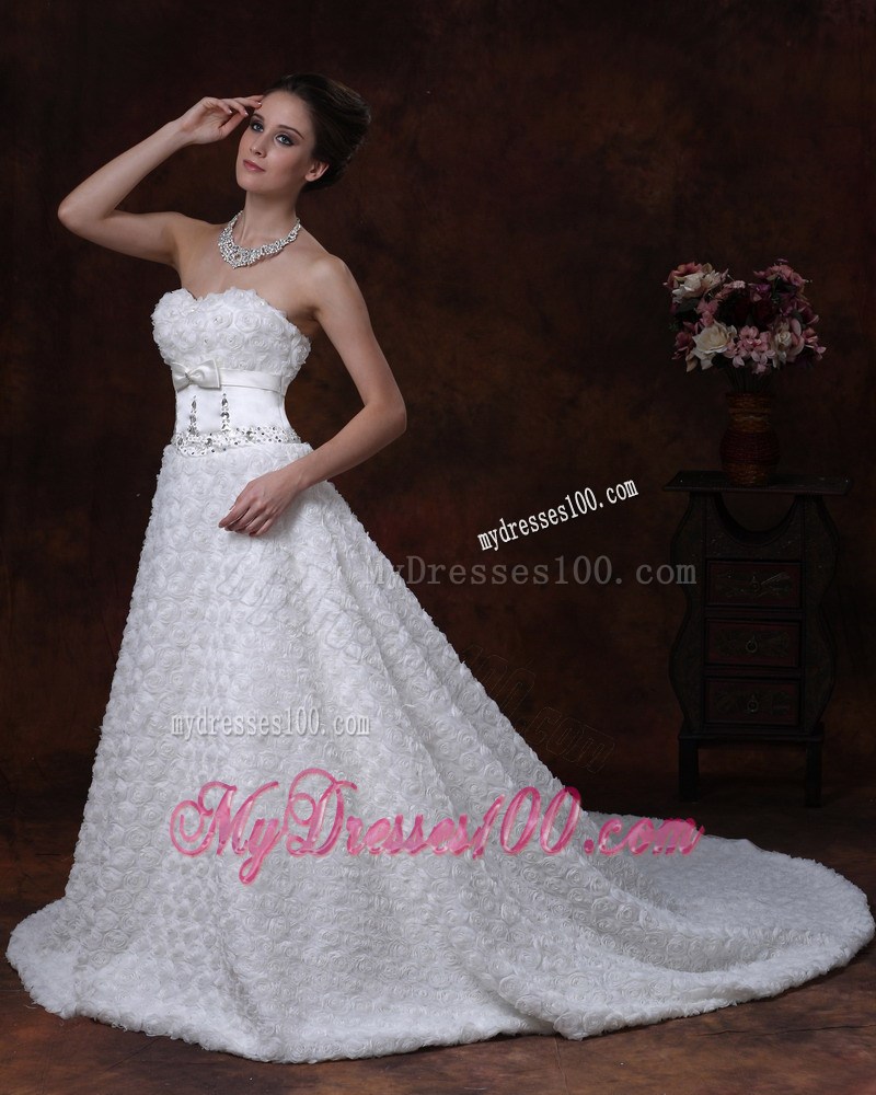 Bowknot and Rolling Flowers Accent on Beaded Wedding Gown Brush Train