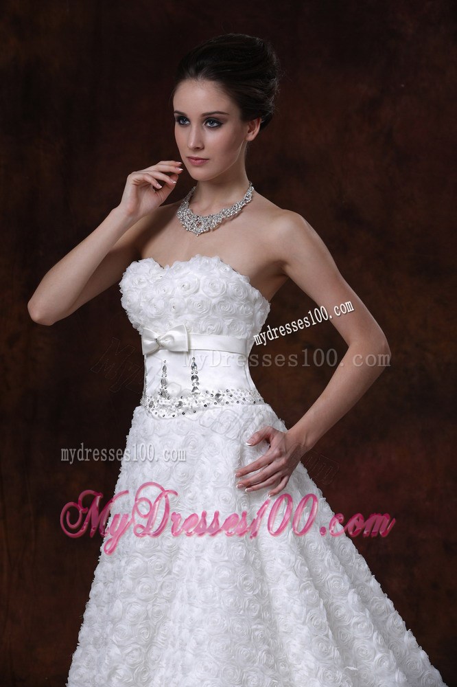 Bowknot and Rolling Flowers Accent on Beaded Wedding Gown Brush Train