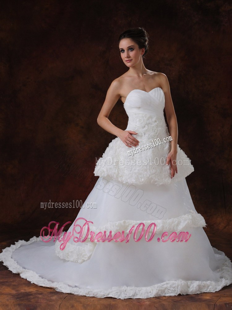 Rolling Flowers A-line Chapel Train Wedding Dress in White Organza