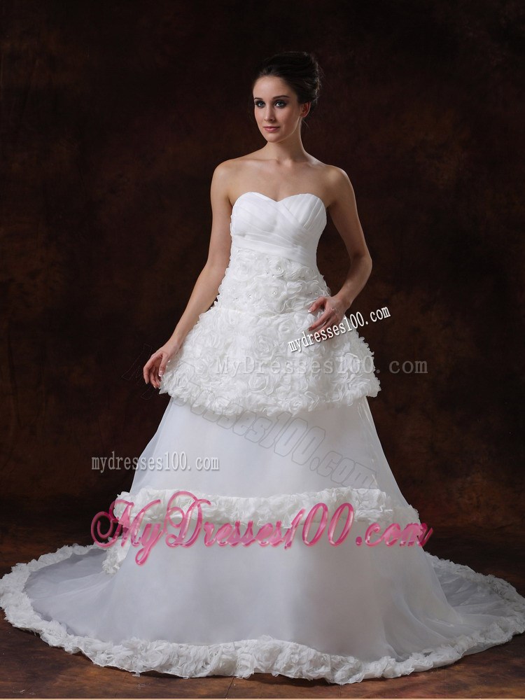 Rolling Flowers A-line Chapel Train Wedding Dress in White Organza