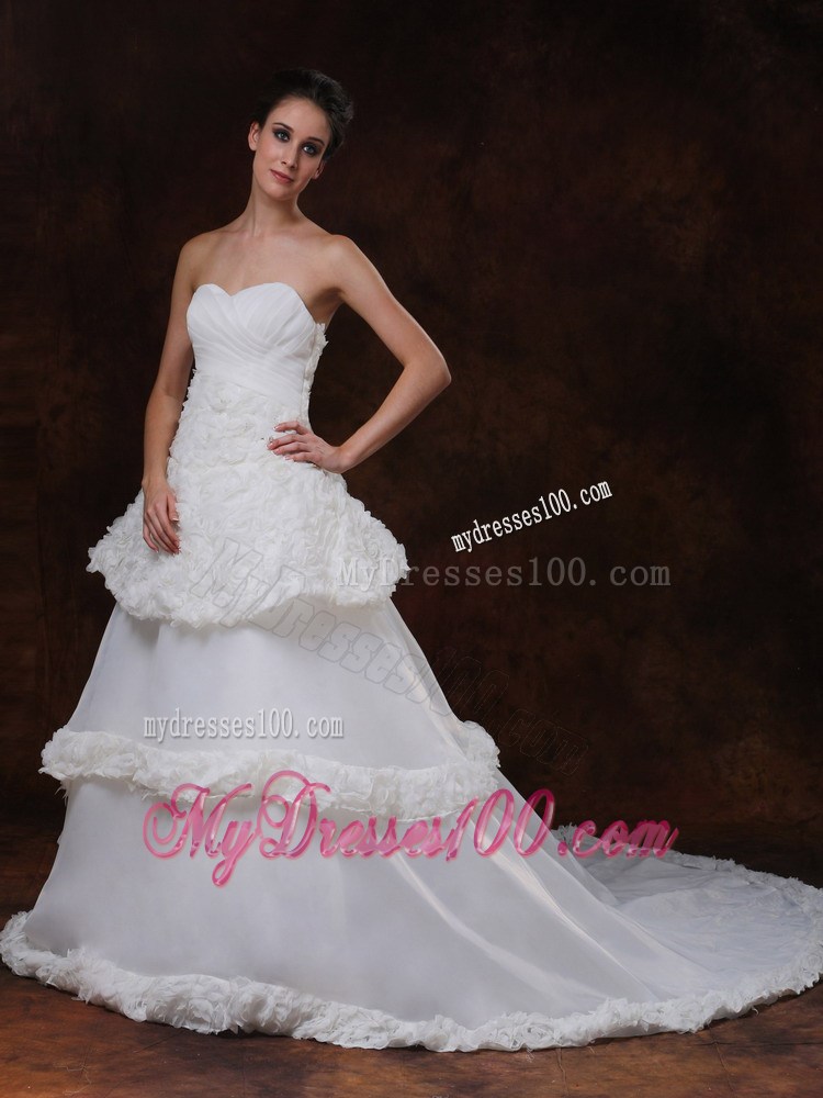 Rolling Flowers A-line Chapel Train Wedding Dress in White Organza