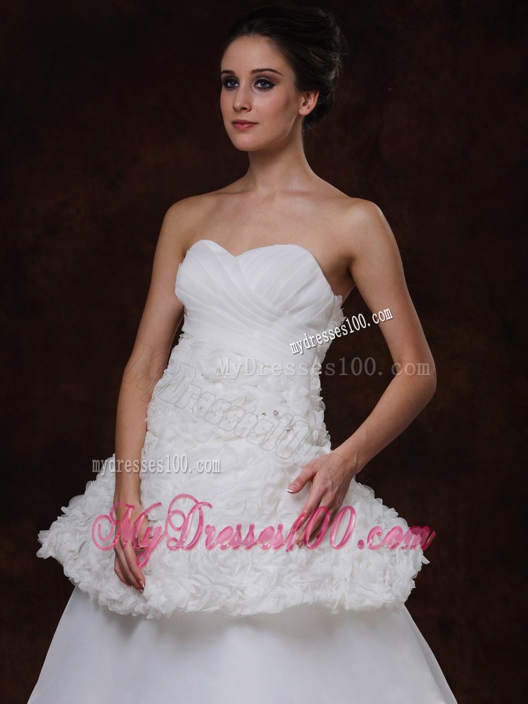 Rolling Flowers A-line Chapel Train Wedding Dress in White Organza