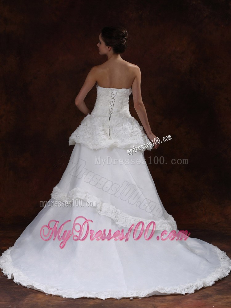 Rolling Flowers A-line Chapel Train Wedding Dress in White Organza