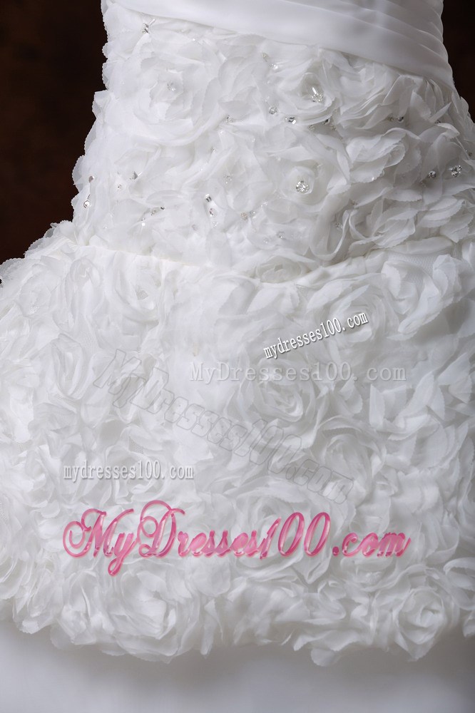 Rolling Flowers A-line Chapel Train Wedding Dress in White Organza
