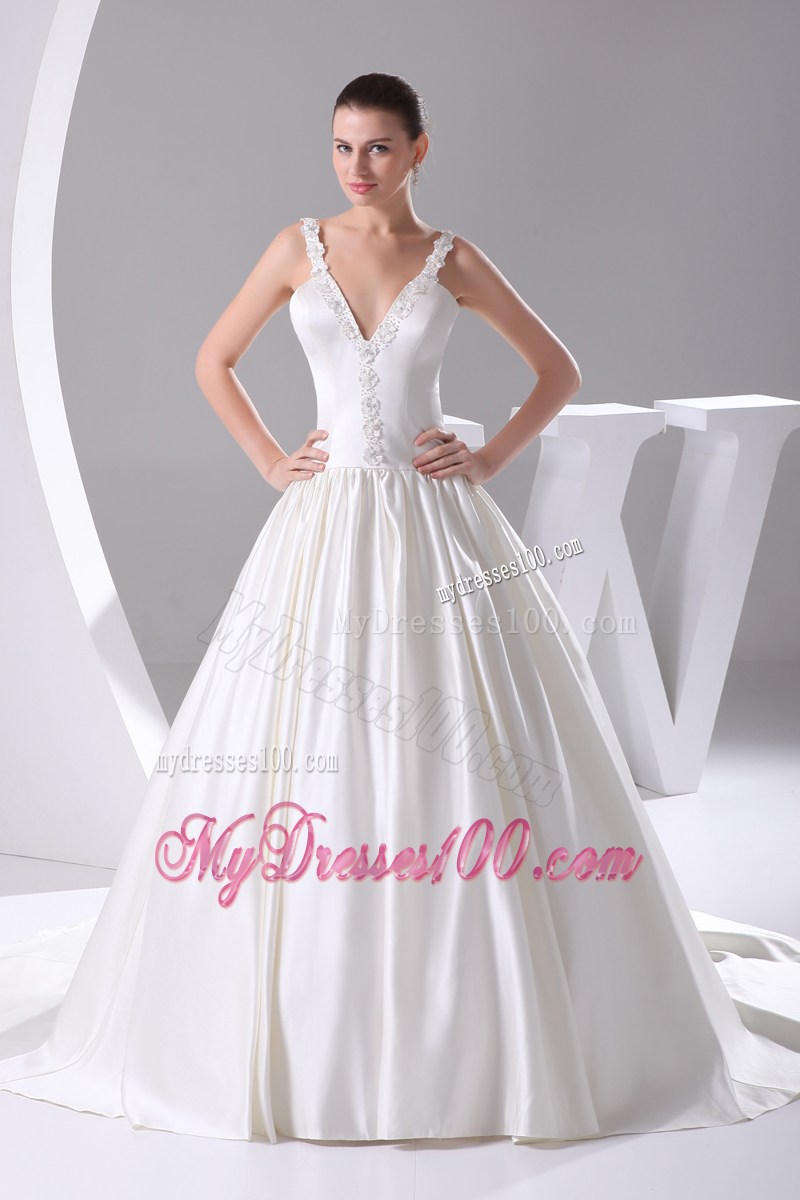 Beading Flowers Straps Wedding Lace-up Back Bridal Gowns with Court Train