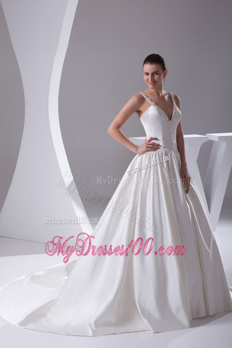 Beading Flowers Straps Wedding Lace-up Back Bridal Gowns with Court Train