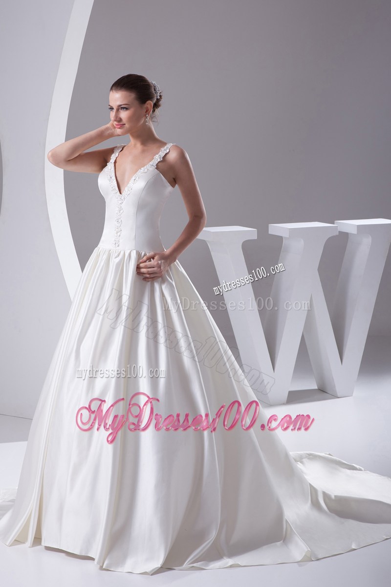 Beading Flowers Straps Wedding Lace-up Back Bridal Gowns with Court Train