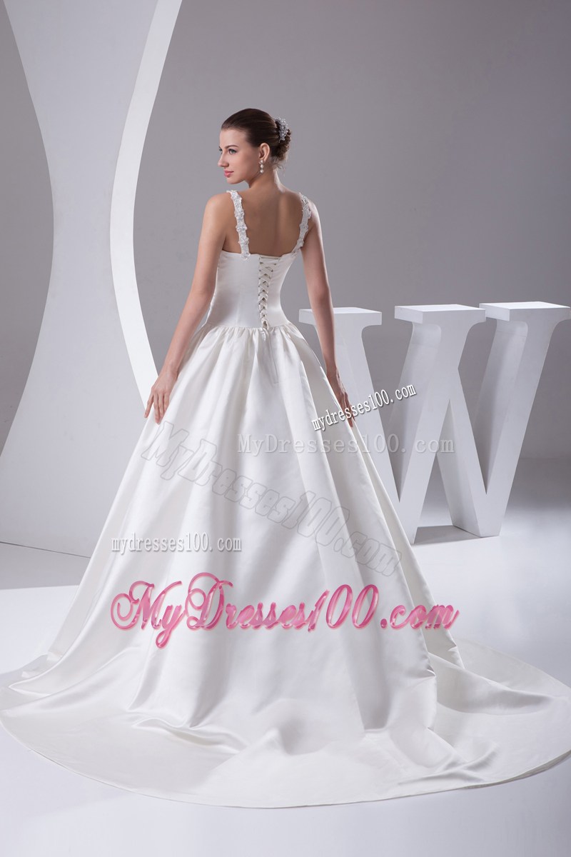 Beading Flowers Straps Wedding Lace-up Back Bridal Gowns with Court Train