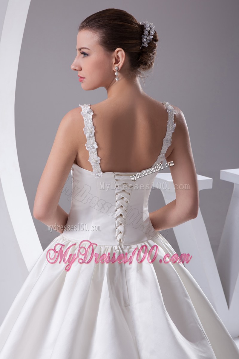 Beading Flowers Straps Wedding Lace-up Back Bridal Gowns with Court Train