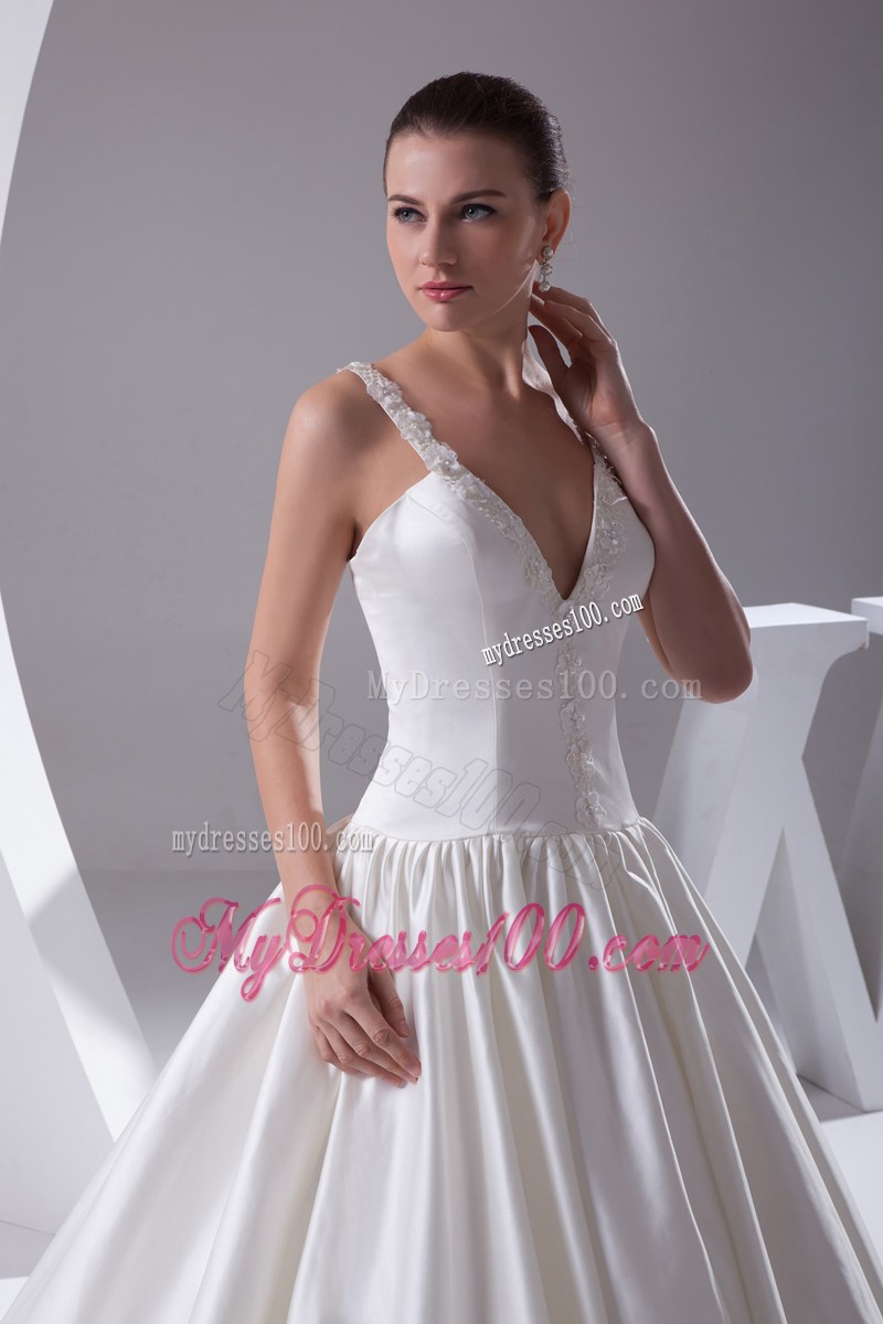Beading Flowers Straps Wedding Lace-up Back Bridal Gowns with Court Train