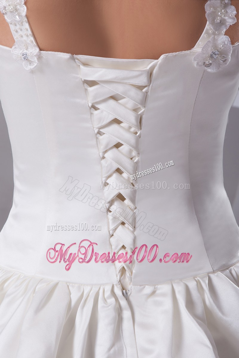 Beading Flowers Straps Wedding Lace-up Back Bridal Gowns with Court Train