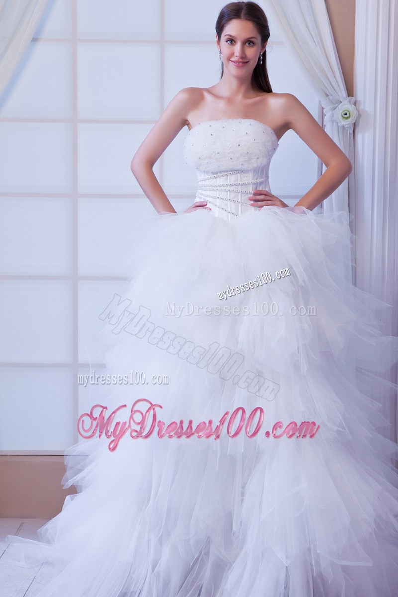 Beaded Dress for Wedding with Ruffled Layers Brush Train and Flowers Neckline