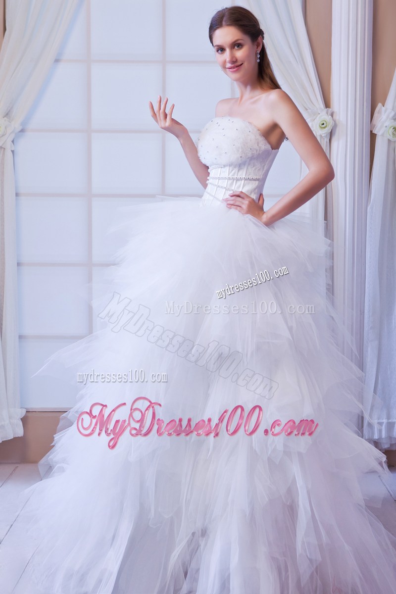 Beaded Dress for Wedding with Ruffled Layers Brush Train and Flowers Neckline