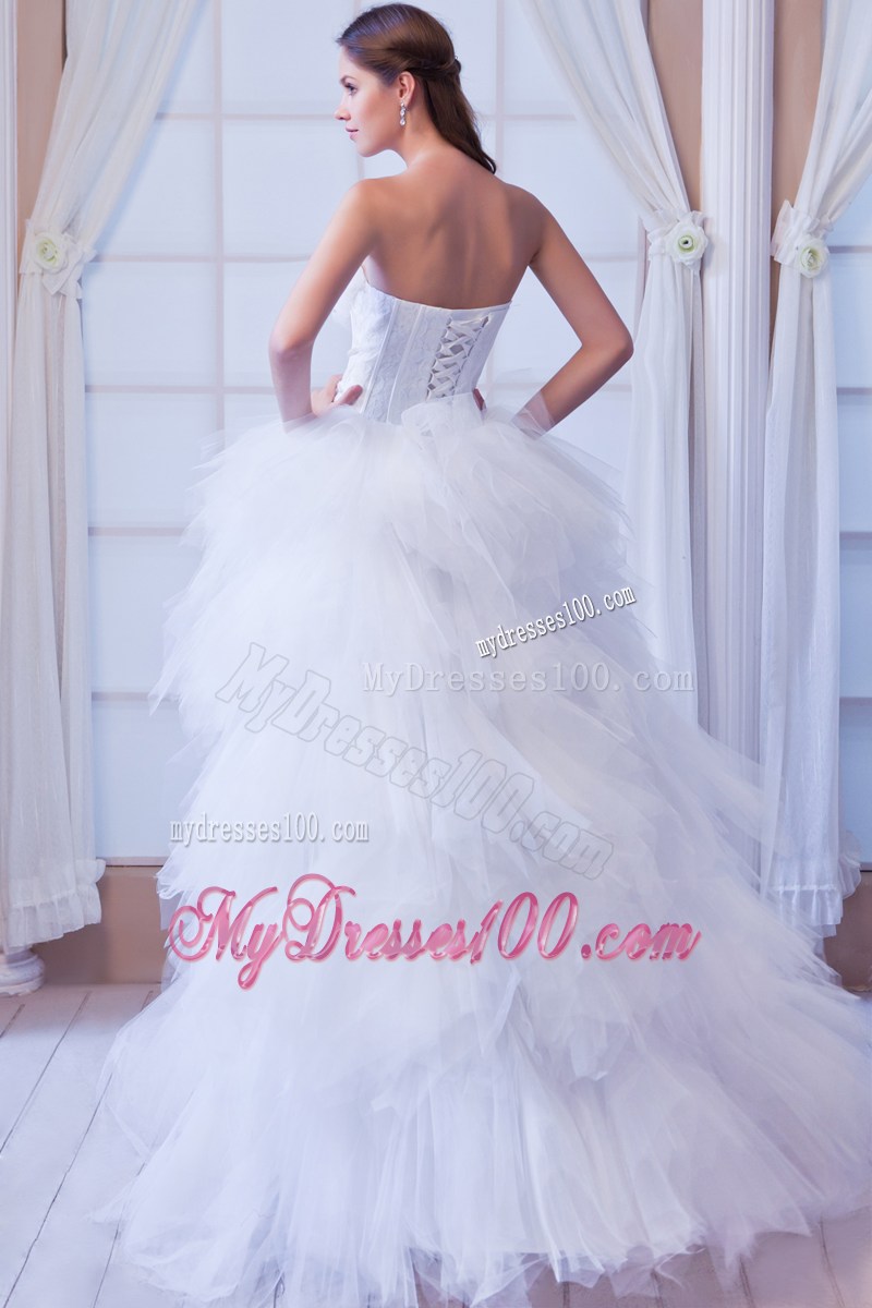 Beaded Dress for Wedding with Ruffled Layers Brush Train and Flowers Neckline