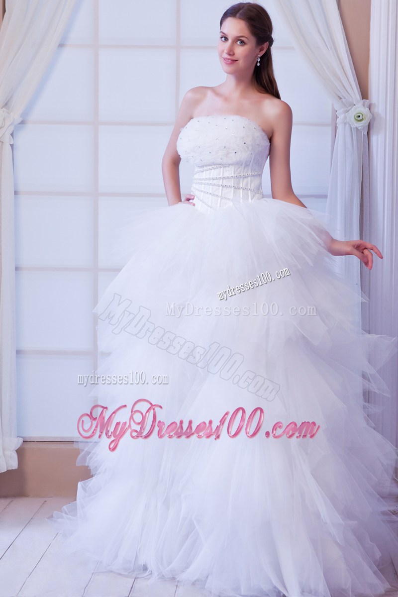 Beaded Dress for Wedding with Ruffled Layers Brush Train and Flowers Neckline