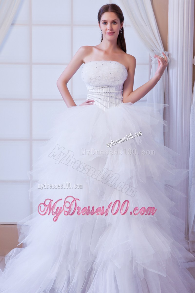 Beaded Dress for Wedding with Ruffled Layers Brush Train and Flowers Neckline