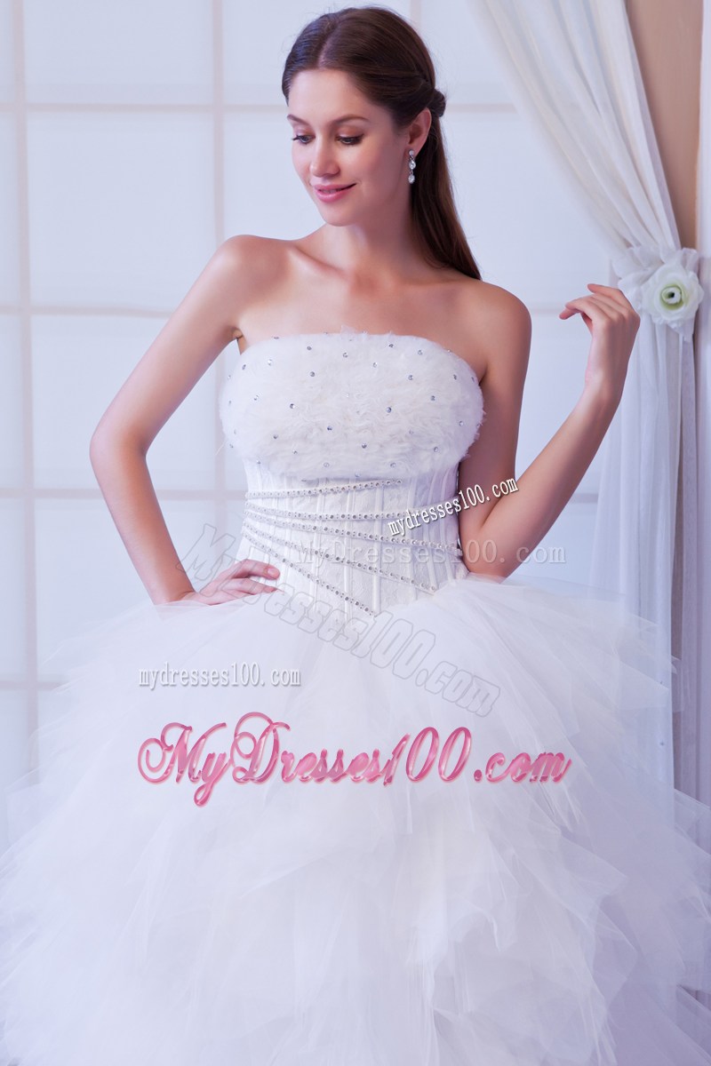 Beaded Dress for Wedding with Ruffled Layers Brush Train and Flowers Neckline