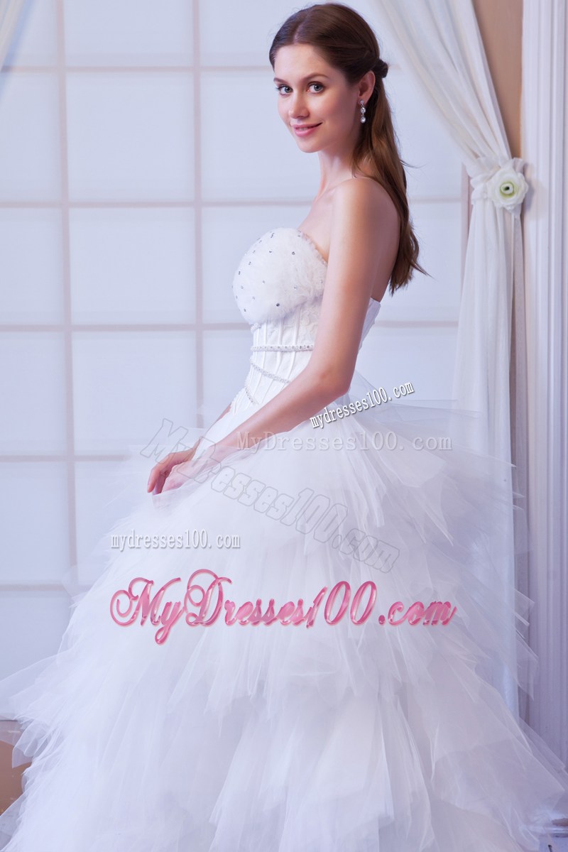 Beaded Dress for Wedding with Ruffled Layers Brush Train and Flowers Neckline