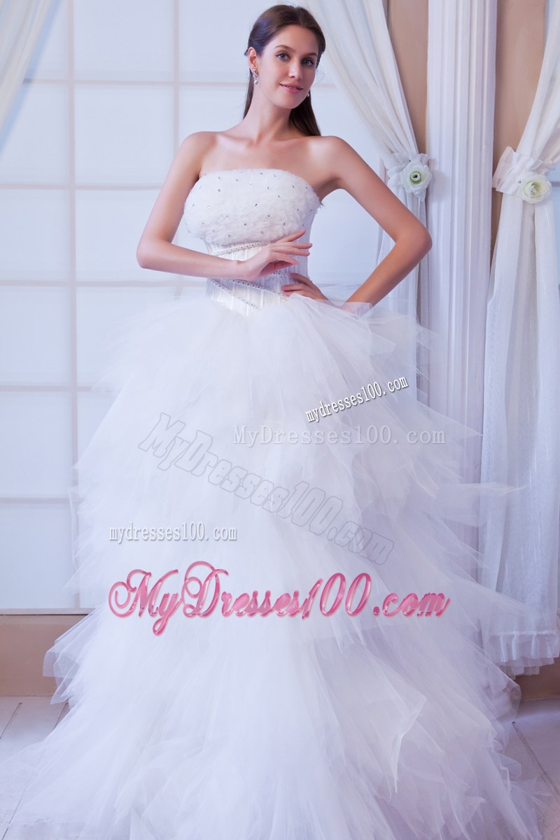 Beaded Dress for Wedding with Ruffled Layers Brush Train and Flowers Neckline