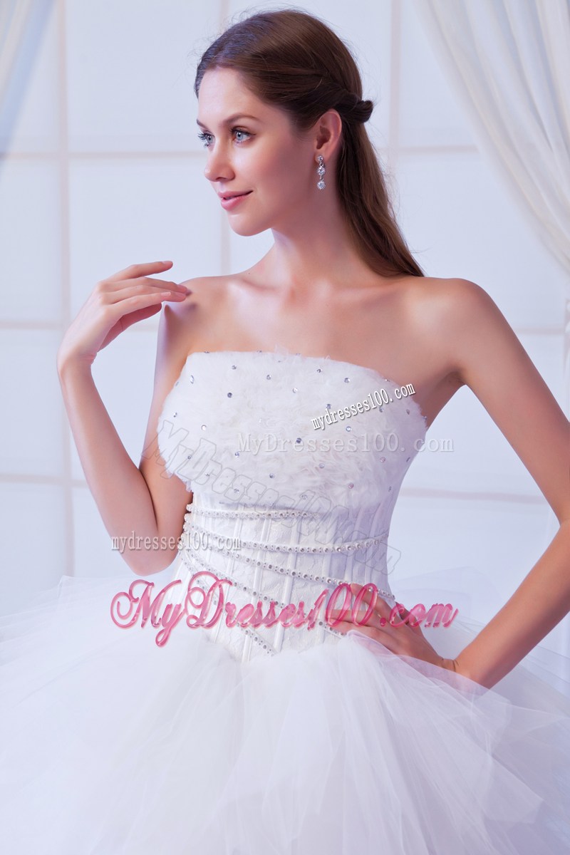 Beaded Dress for Wedding with Ruffled Layers Brush Train and Flowers Neckline