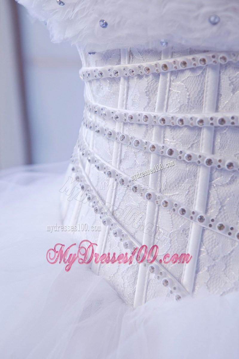 Beaded Dress for Wedding with Ruffled Layers Brush Train and Flowers Neckline