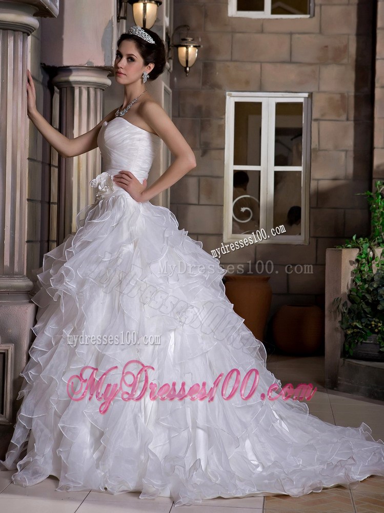 Ruffles Handle Flowers and Ruching Decorated Wedding Dresses with Sweep train