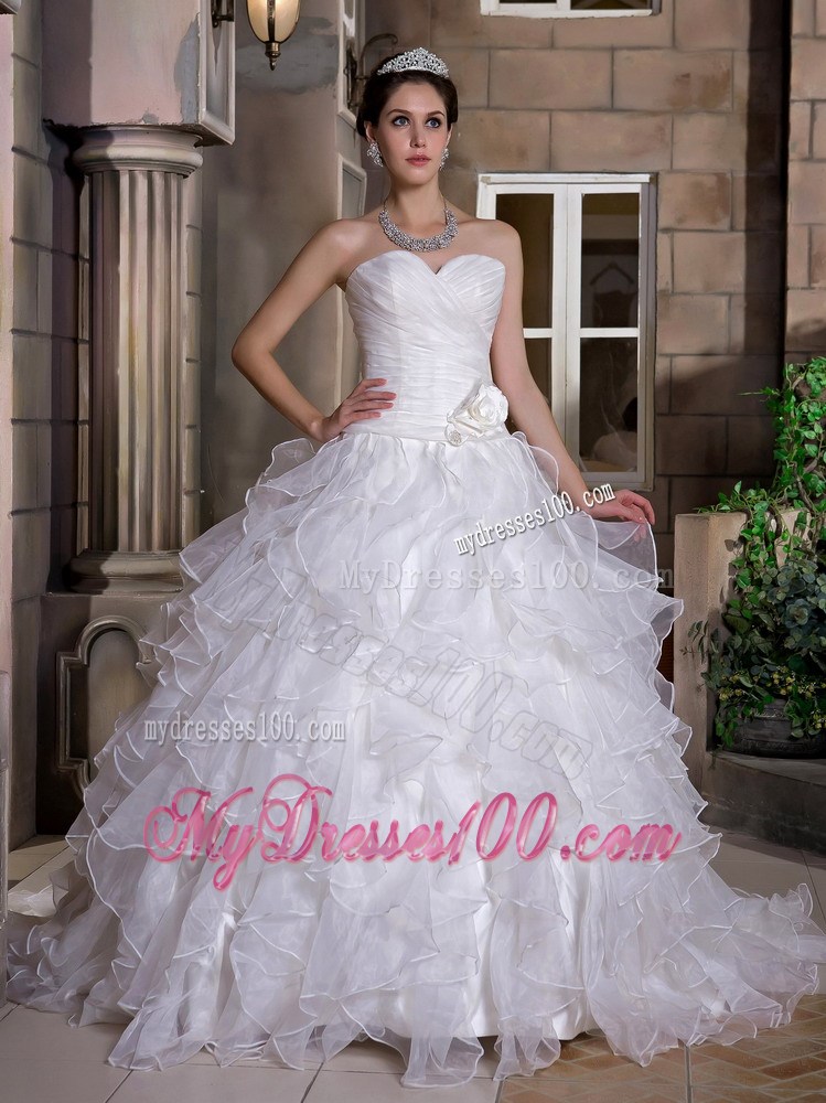 Ruffles Handle Flowers and Ruching Decorated Wedding Dresses with Sweep train