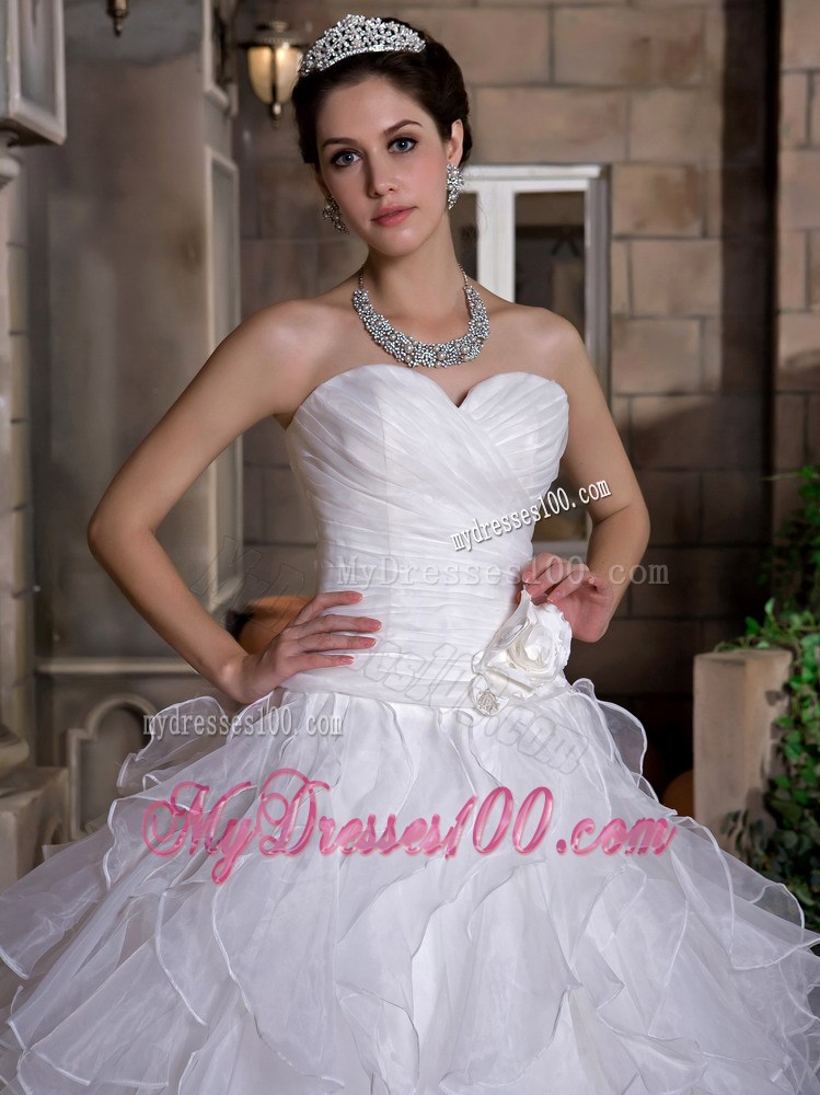 Ruffles Handle Flowers and Ruching Decorated Wedding Dresses with Sweep train