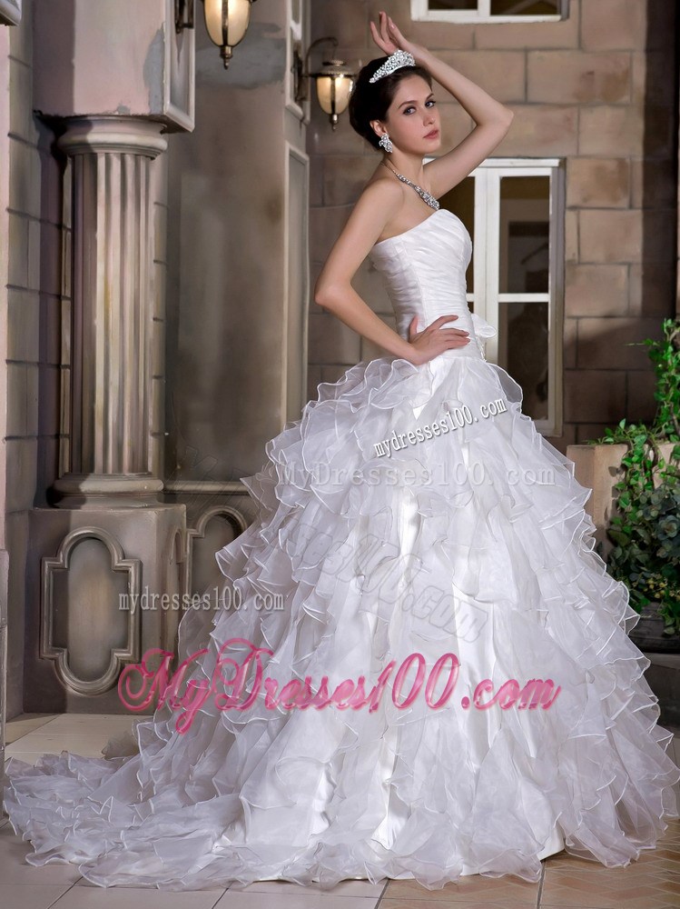Ruffles Handle Flowers and Ruching Decorated Wedding Dresses with Sweep train