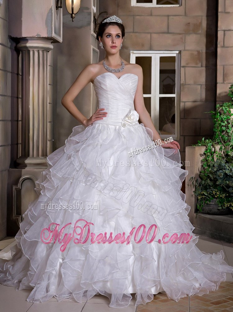 Ruffles Handle Flowers and Ruching Decorated Wedding Dresses with Sweep train