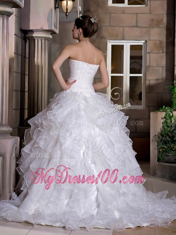 Ruffles Handle Flowers and Ruching Decorated Wedding Dresses with Sweep train
