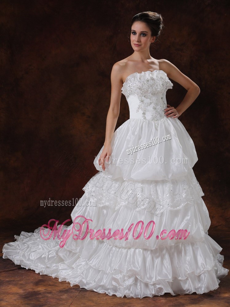 Appliques and Ruffles Accent Chapel Train Wedding Dresses Strapless