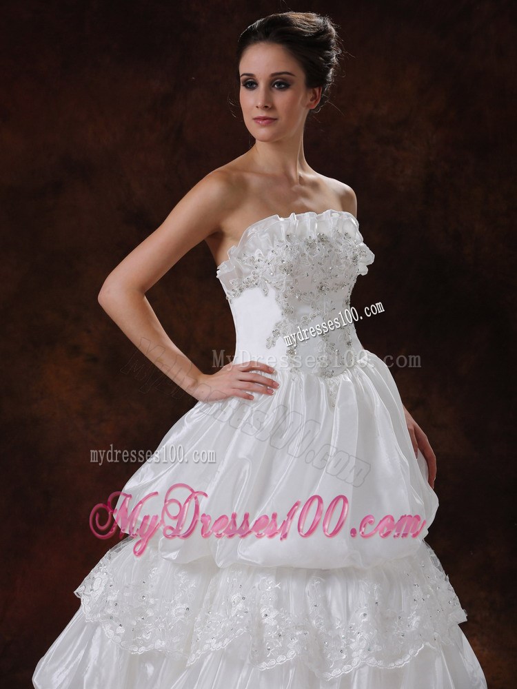 Appliques and Ruffles Accent Chapel Train Wedding Dresses Strapless