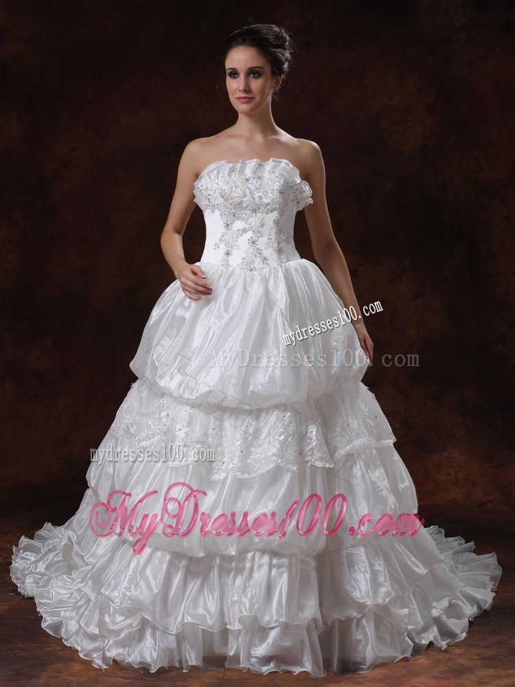 Appliques and Ruffles Accent Chapel Train Wedding Dresses Strapless