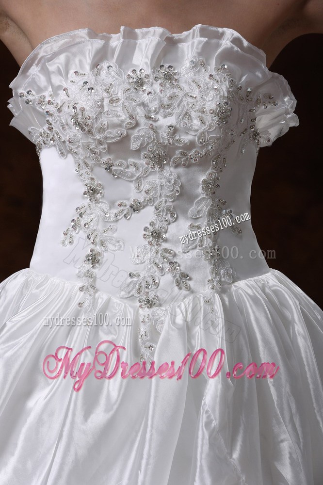Appliques and Ruffles Accent Chapel Train Wedding Dresses Strapless