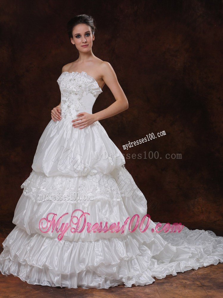 Appliques and Ruffles Accent Chapel Train Wedding Dresses Strapless